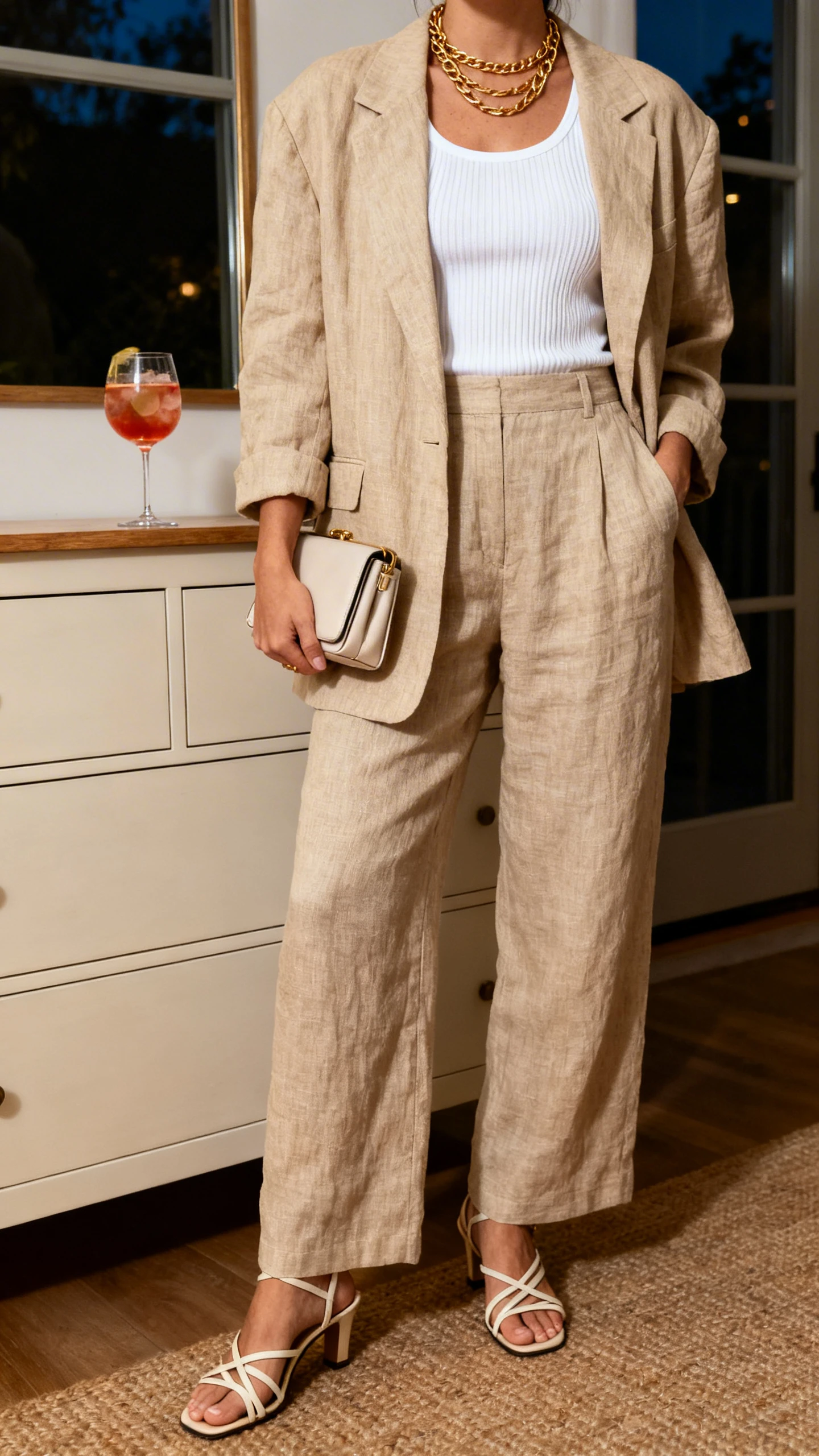 iPhone mirror selfie of a woman wearing a relaxed sand-toned linen-blend suit (boxy blazer and wide-leg trousers) with a white ribbed tank, strappy heeled sandals, a mini clutch, layered gold chains, and a spritz glass on the dresser, face not visible, cropped at neck, evening indoor lighting, iPhone photo quality