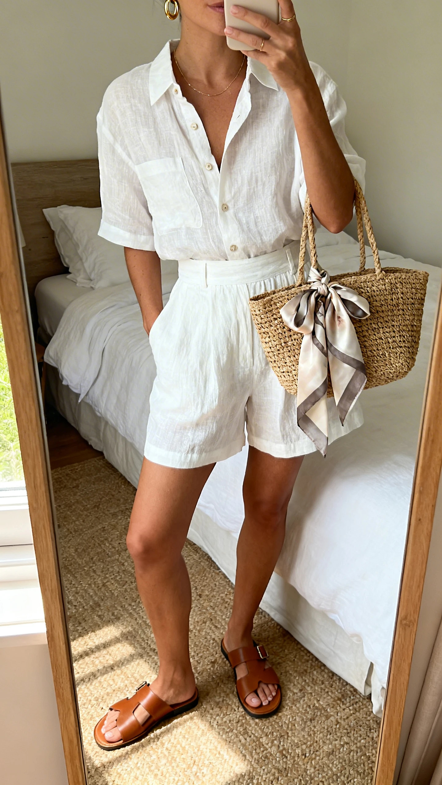 iPhone mirror selfie of a woman wearing an airy white linen matching set (button-up short-sleeve shirt and high-waist linen shorts) with leather slide sandals, a woven straw tote, dainty gold hoops, and a silk scarf tied to the bag, face not visible, cropped at neck, bedroom mirror, morning window light, iPhone photo quality