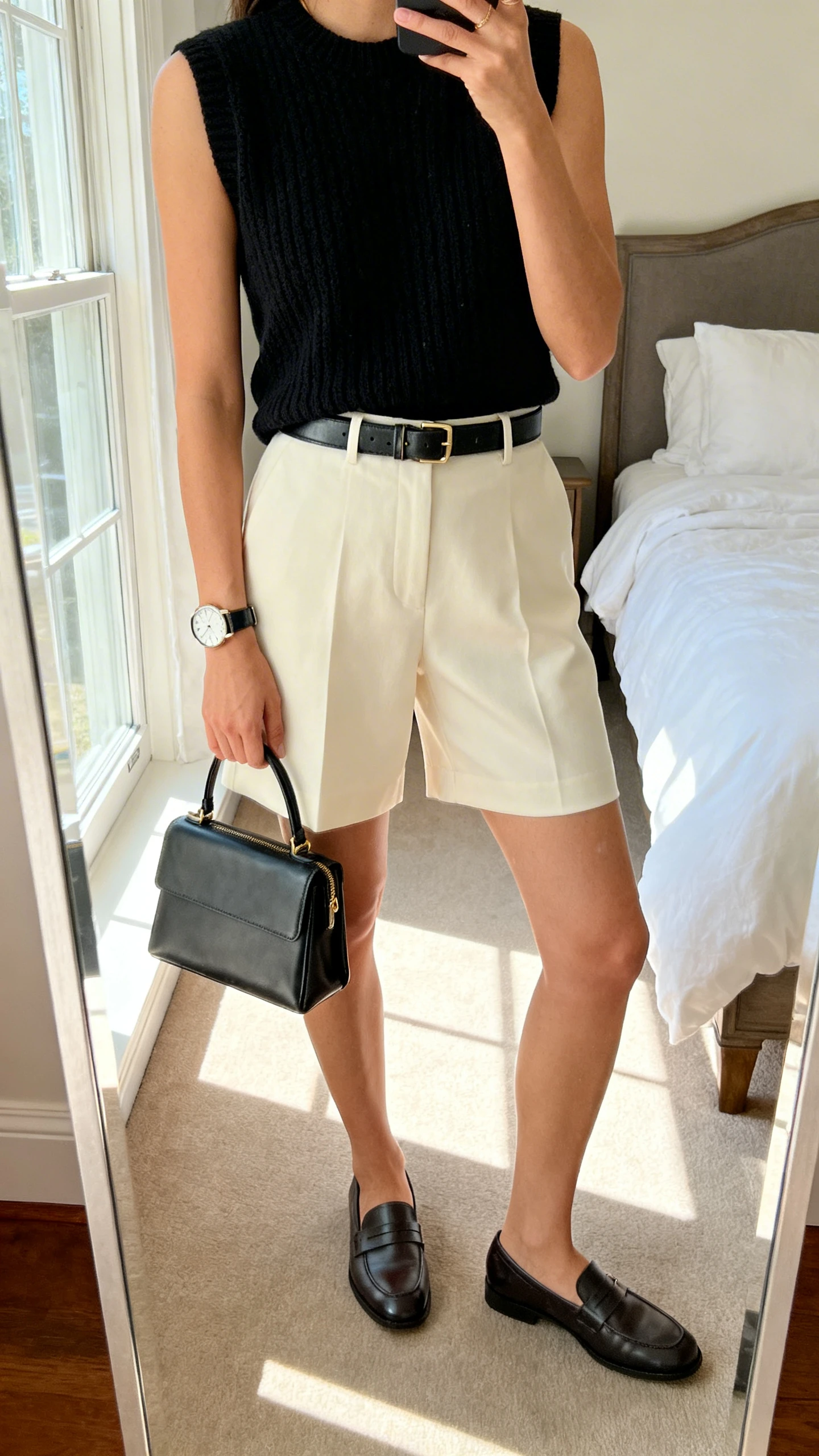 iPhone mirror selfie of a woman wearing tailored cream shorts with a black sleeveless knit, loafers, a slim leather belt, structured mini tote, and oversized watch, face not visible, cropped at shoulders, bedroom mirror, afternoon window light, iPhone photo quality