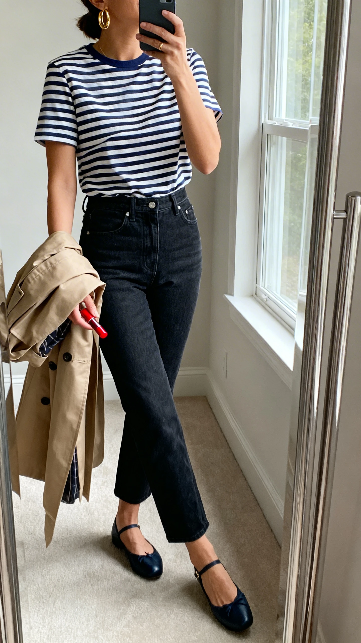 iPhone side-angle mirror selfie of a woman wearing a classic navy-and-white Breton striped tee tucked into high-rise dark denim, ballet flats, a red lip tint held in hand, gold hoops, and a trench coat draped over arm, face not visible, full-length mirror, natural window light, iPhone photo quality
